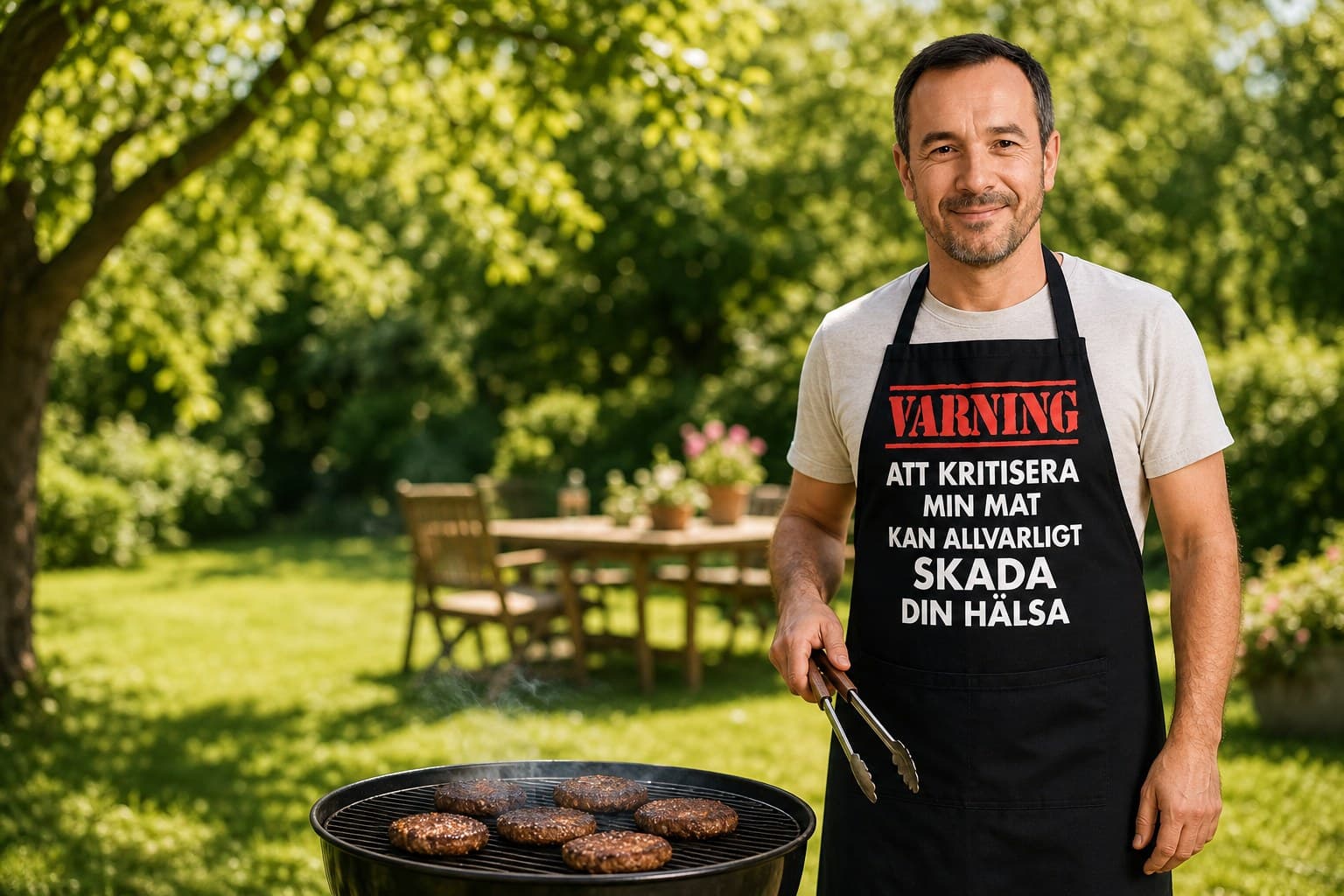 Person vid grillen i förkläde med texten ”Varning: att kritisera min mat”