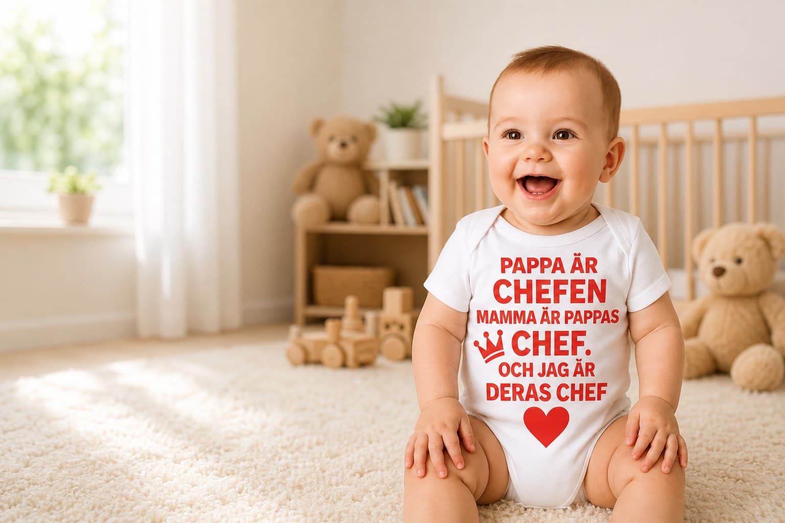 Bebis i body med texten ”Jag är deras chef”