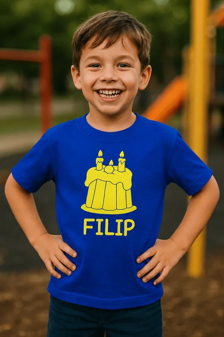 Barn t-shirt tårta med namn – FILIP