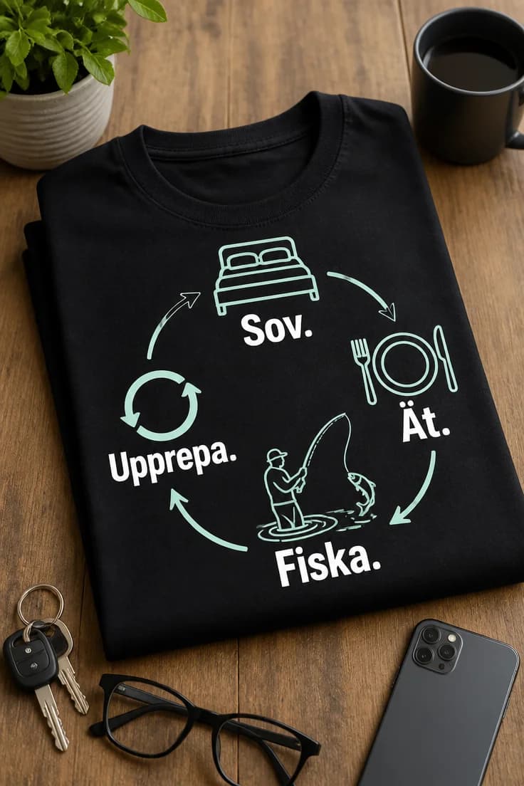 Fisketröja Sov. Ät. Fiska. Upprepa.