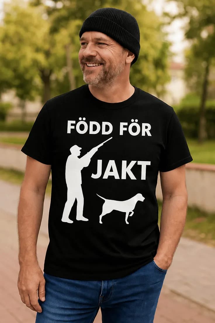 Rolig t-shirt FÖDD FÖR JAKT text i stor stil