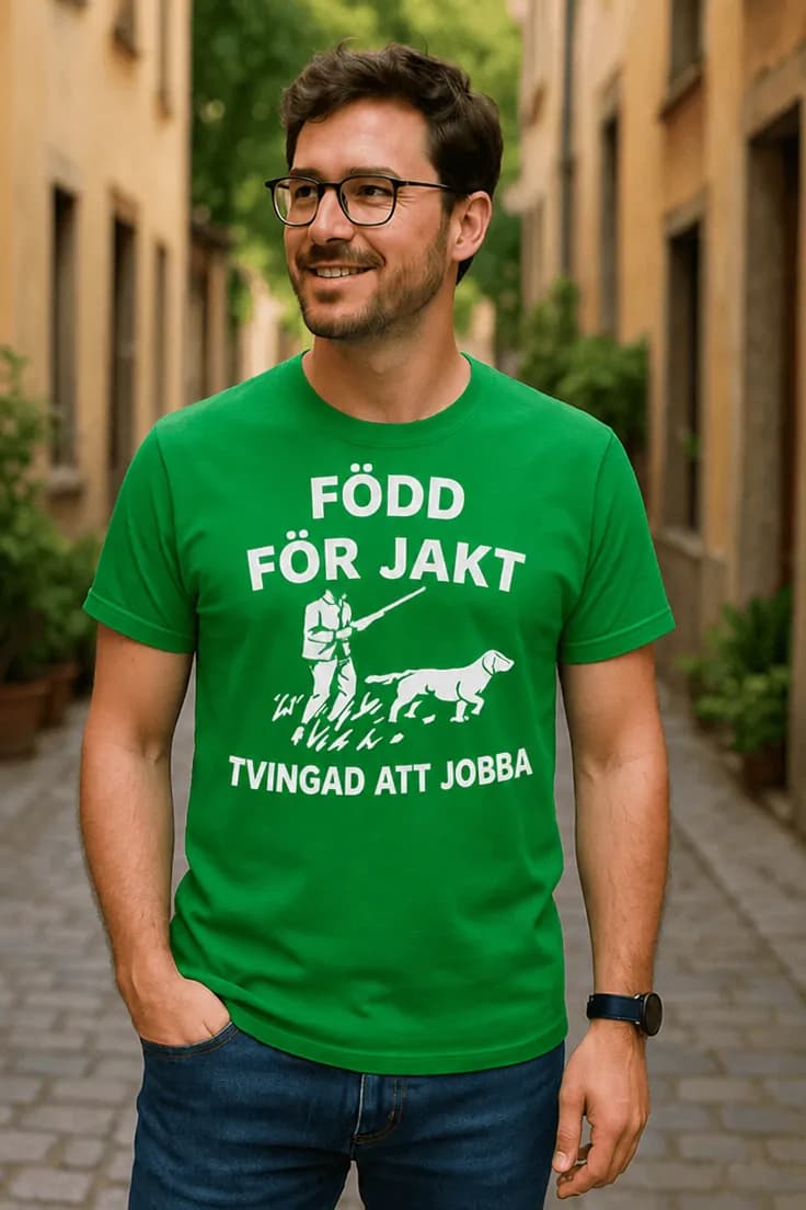 Rolig t-shirt FÖDD FÖR JAKT med gevärsmotiv