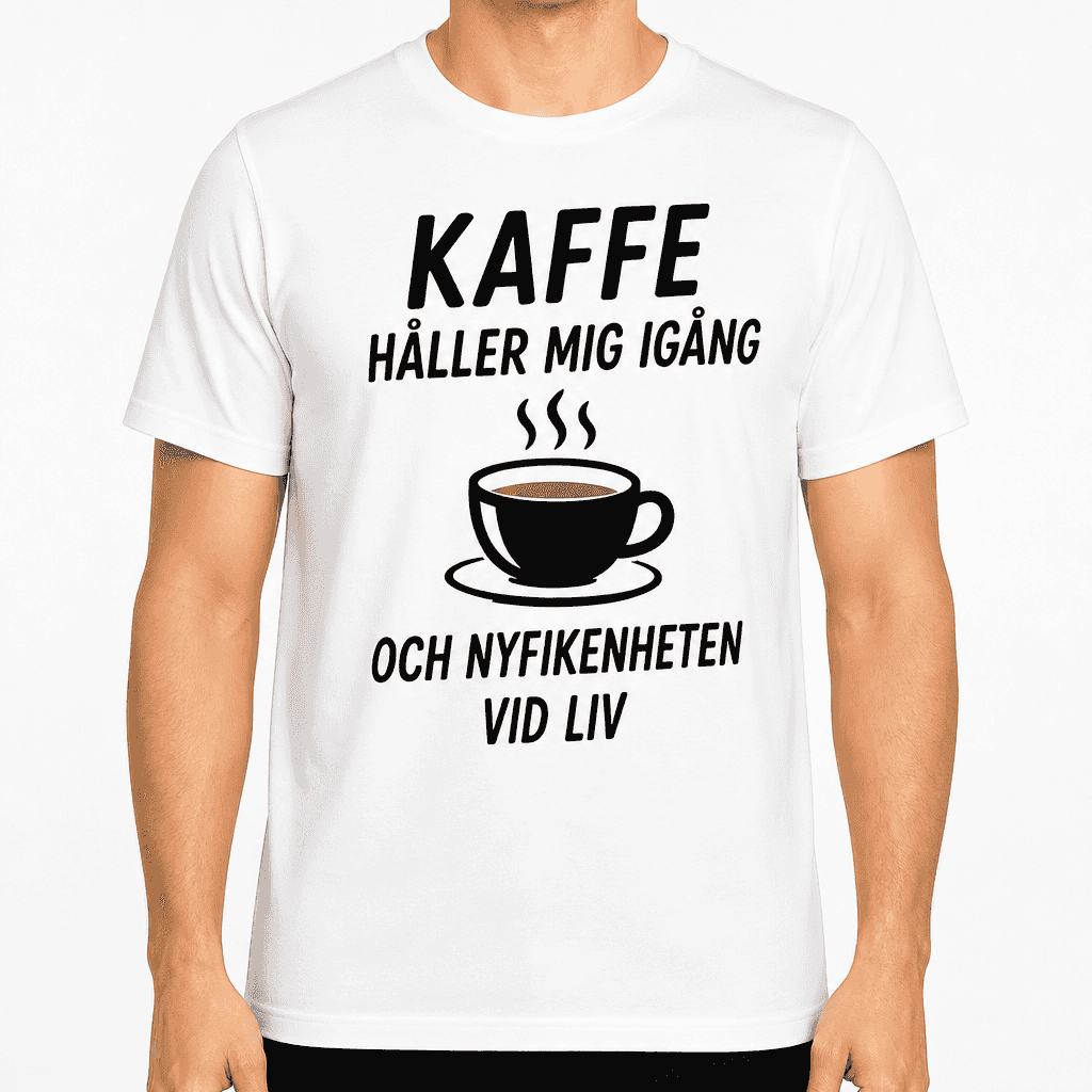 T-shirt till 70-årsdag – Kaffe håller mig igång och nyfikenheten vid liv