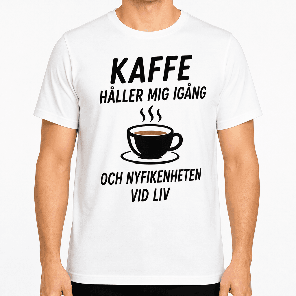 T-shirt till 70-årsdag – Kaffe håller mig igång och nyfikenheten vid liv