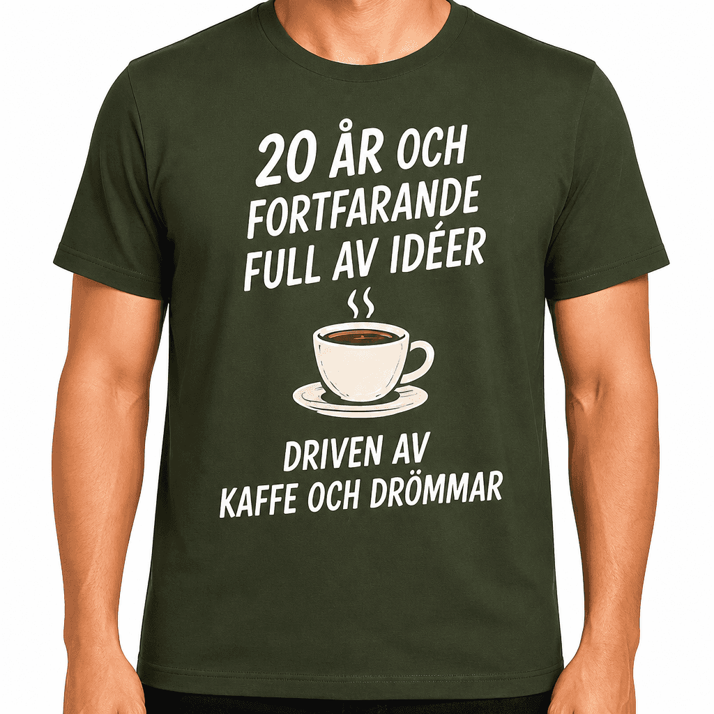 T-shirt till 20-årsdag – 20 år och fortfarande full av idéer driven av kaffe och drömmar