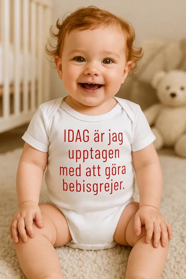 Baby-body Upptagen med bebisgrejer – blå text