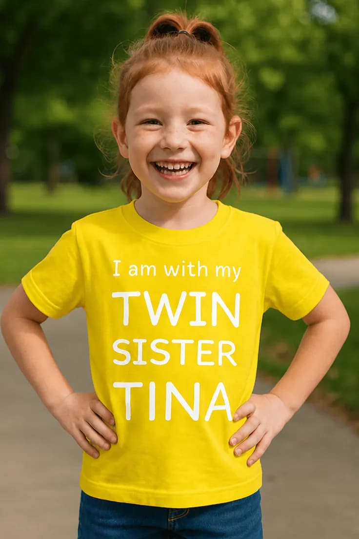 Barn t-shirt Tvillingsyster med namn – I am with my TWIN
