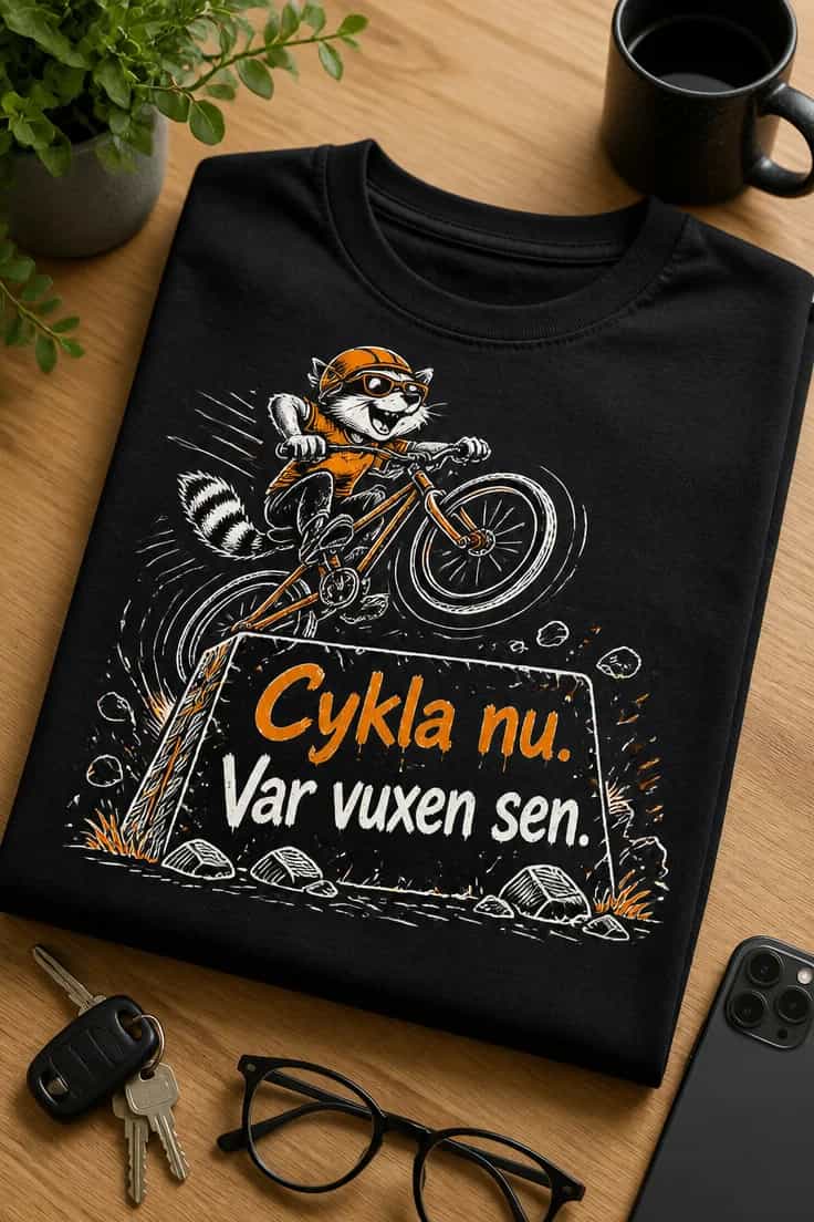 Cykeltröja med texten Cykla nu. Var vuxen sen.