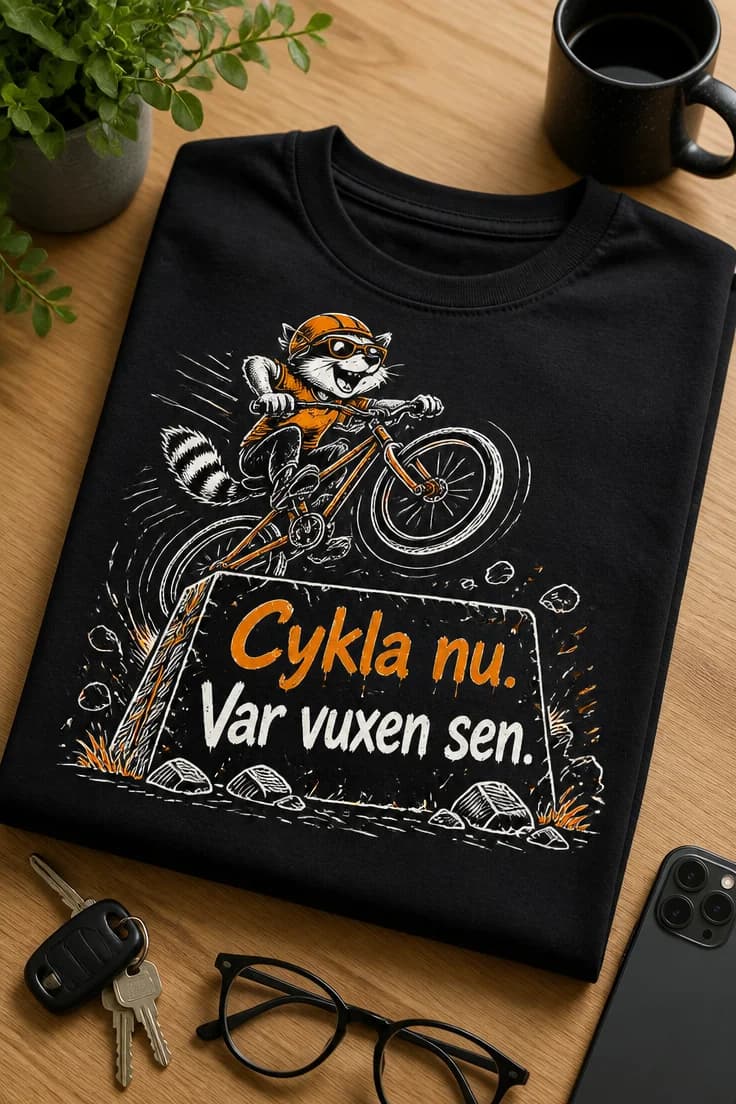Cykeltröja med texten Cykla nu. Var vuxen sen.