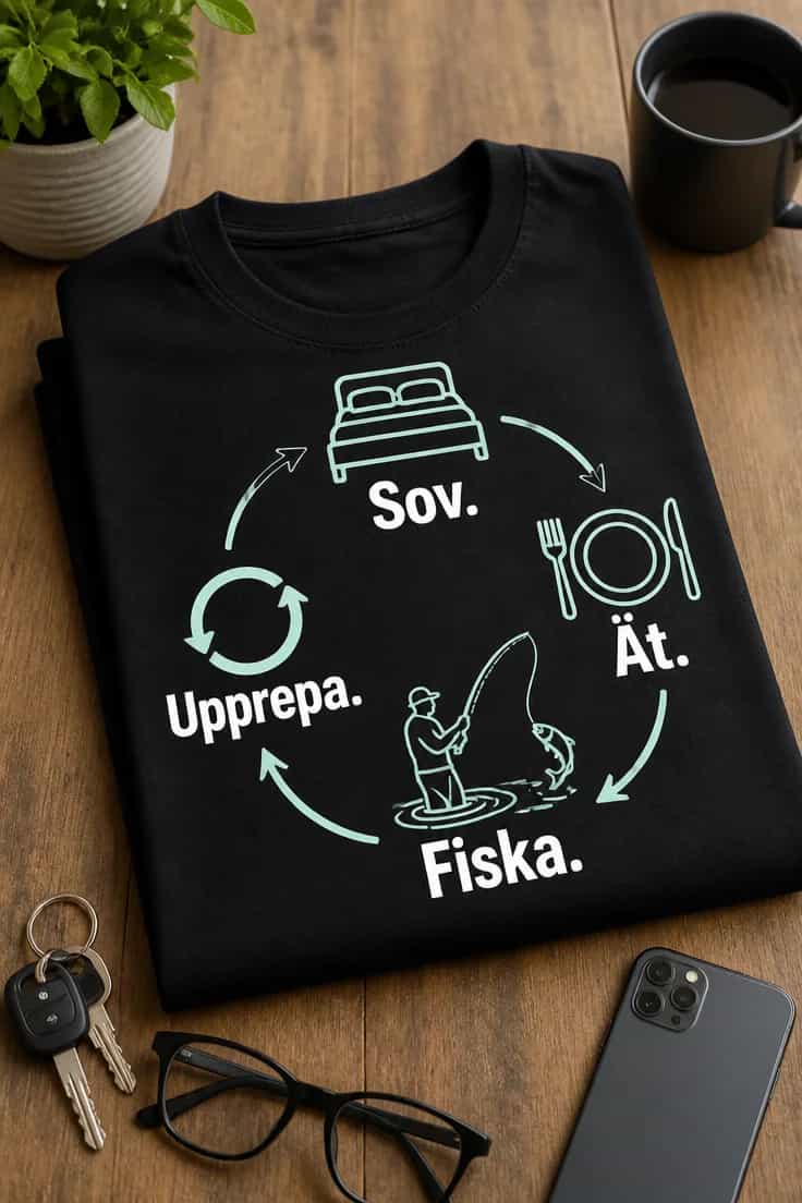 Fisketröja Sov. Ät. Fiska. Upprepa.
