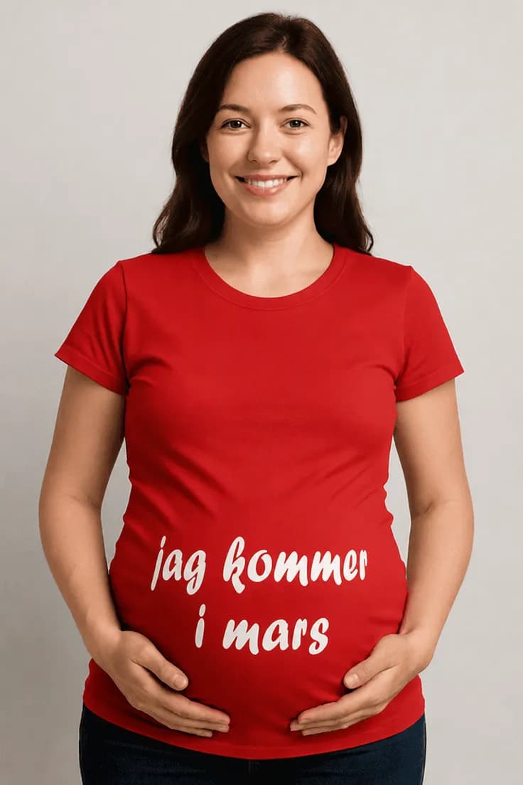 Gravid t-shirt Kommer i mars – jag kommer i mars