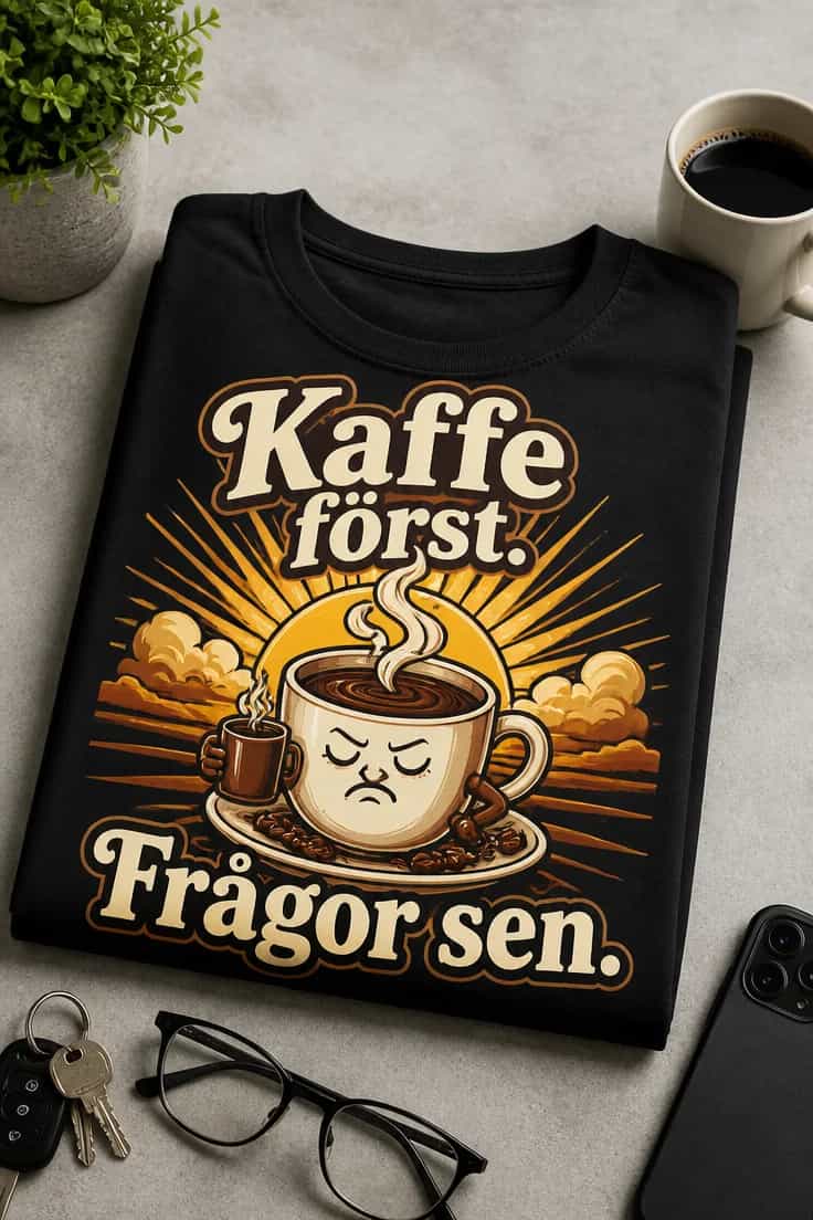 Kaffetröja med texten Kaffe först. Frågor sen.