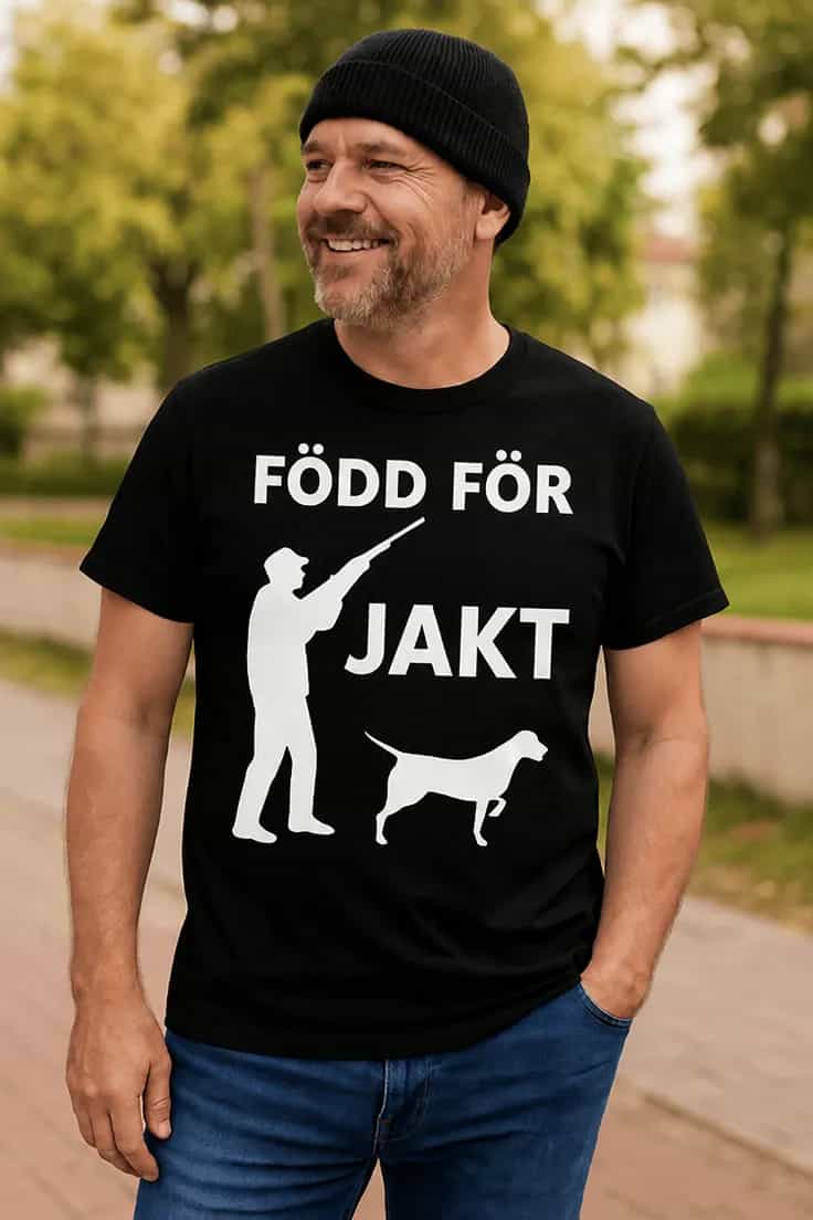 Rolig t-shirt FÖDD FÖR JAKT text i stor stil