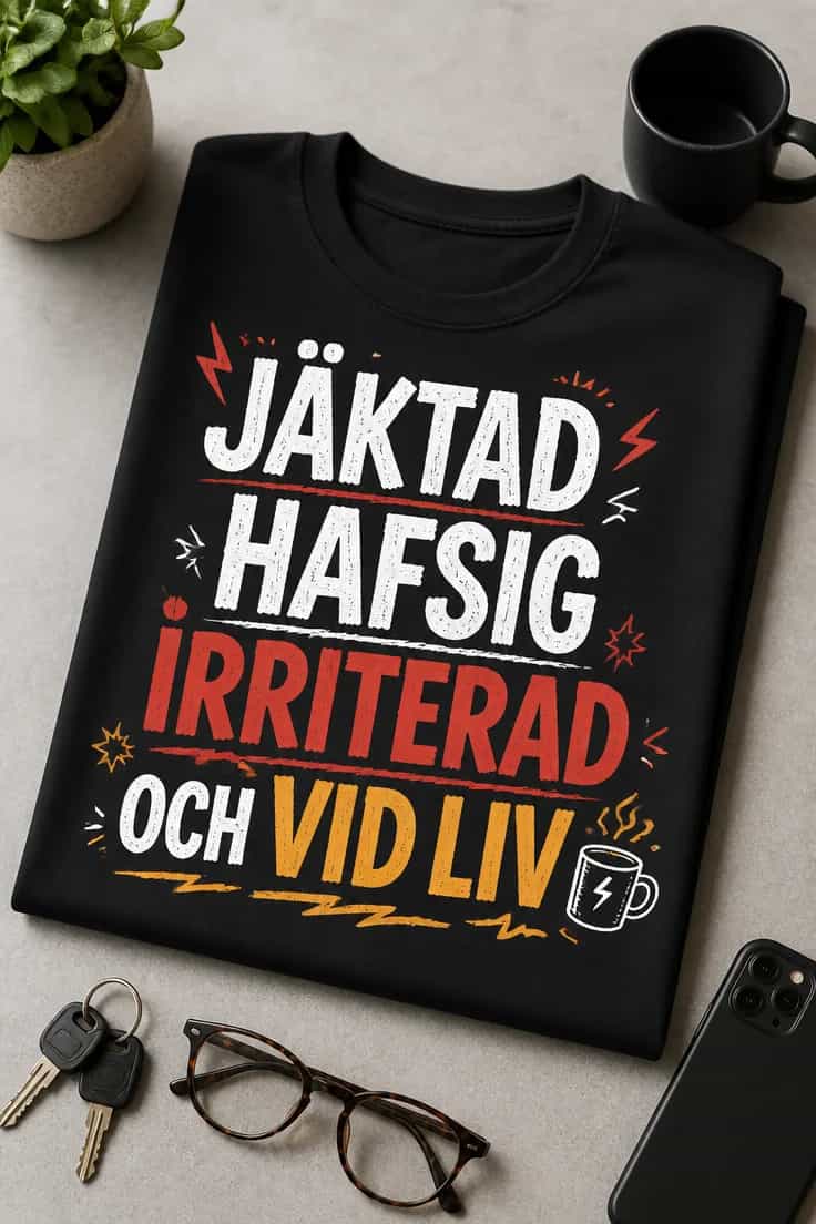 Rolig T-shirt med text – JÄKTAD HAFSIG IRRITERAD OCH VID LIV