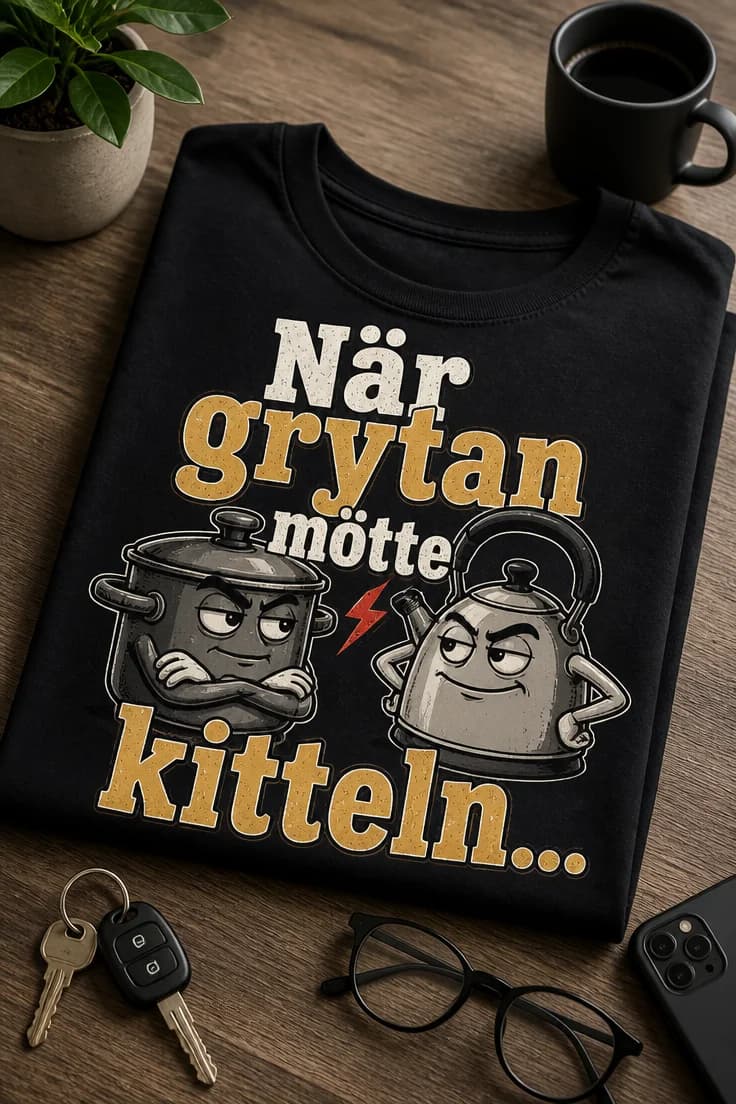 Rolig T-shirt med text – När grytan mötte kitteln...