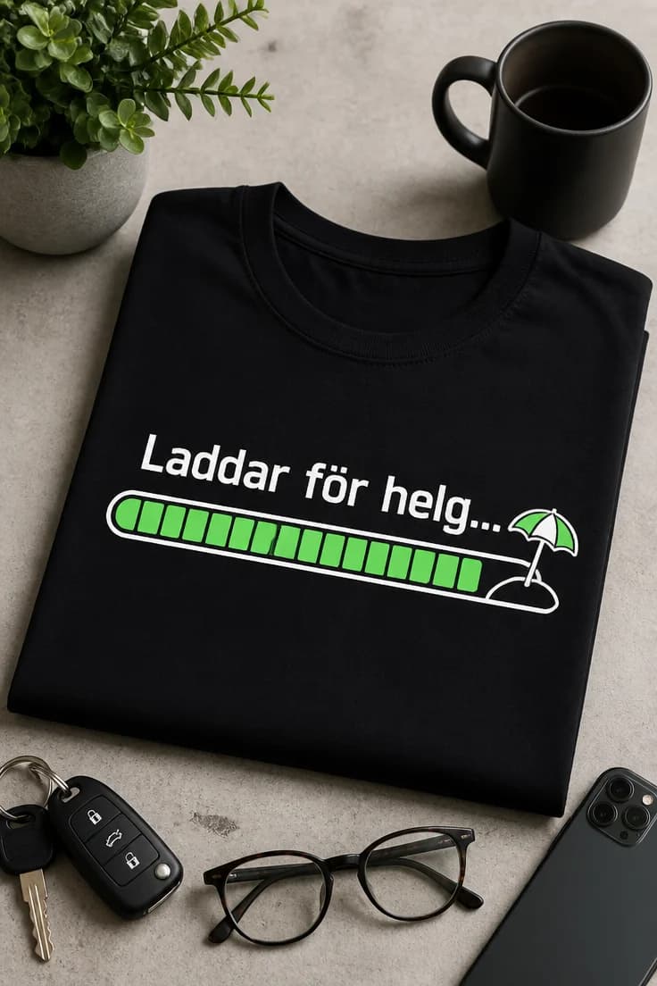 Rolig t-shirt med tryck – Laddar för helg...