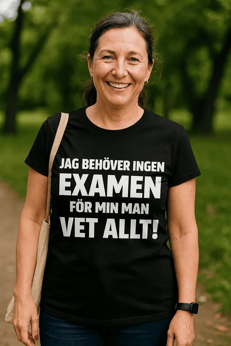 Rolig t-shirt Min man vet allt – JAG BEHÖVER INGEN