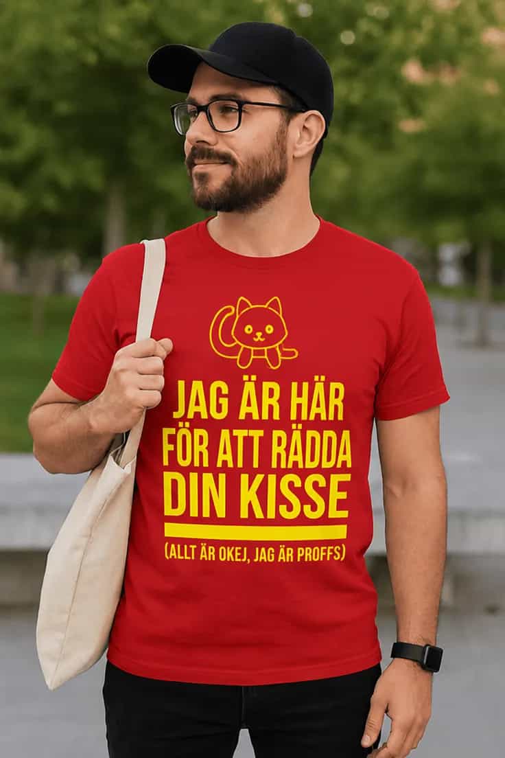 Rolig t-shirt Räddar din kisse – JAG ÄR HÄR