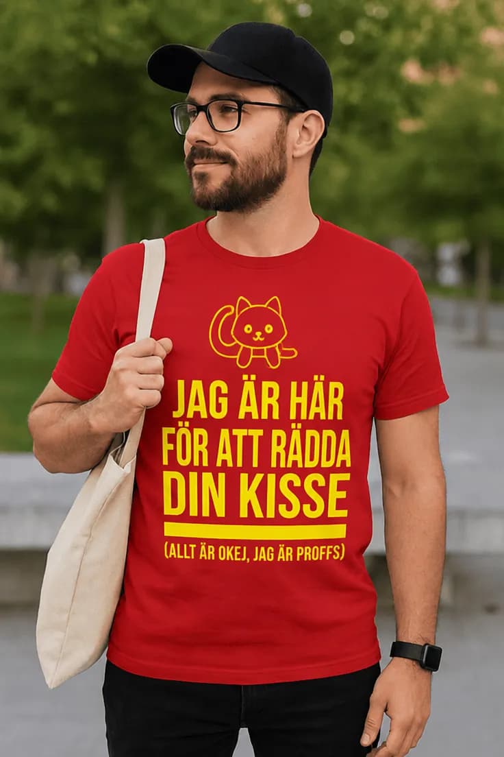 Rolig t-shirt Räddar din kisse – JAG ÄR HÄR