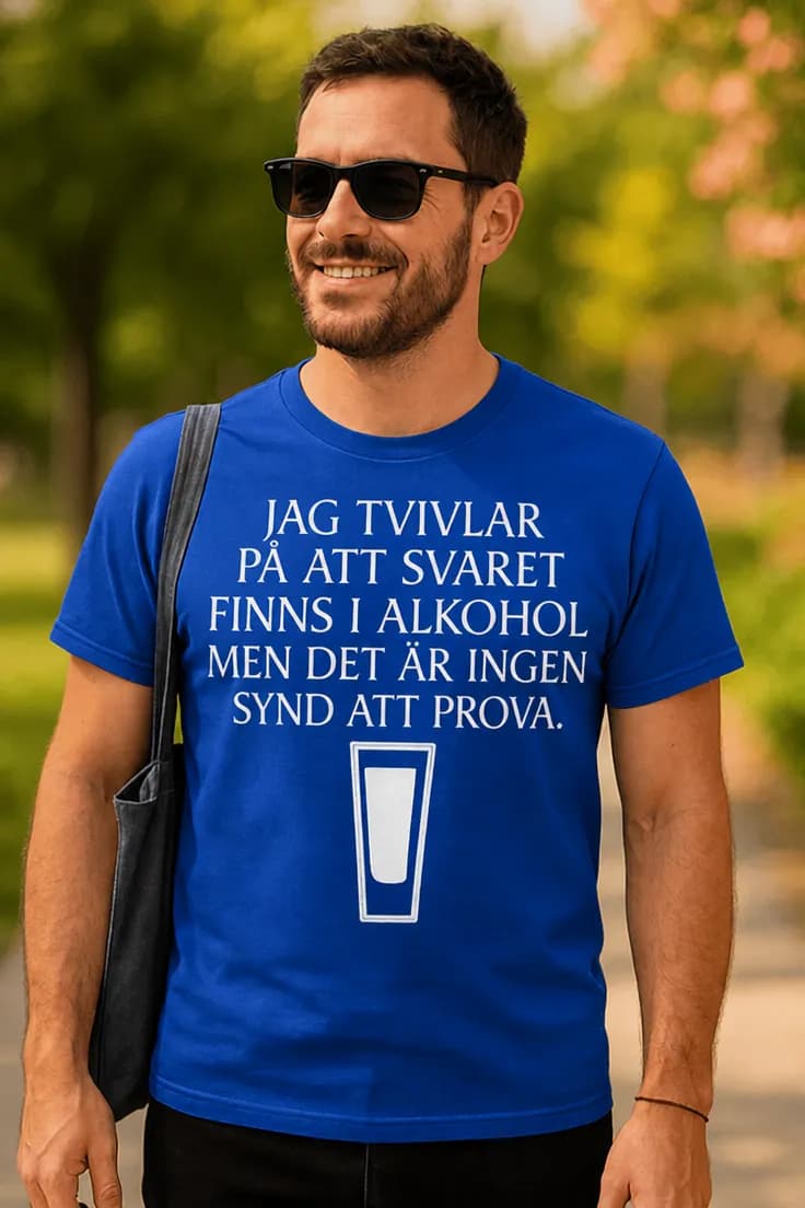 Rolig t-shirt Svaret finns i alkohol – JAG TVIVLAR