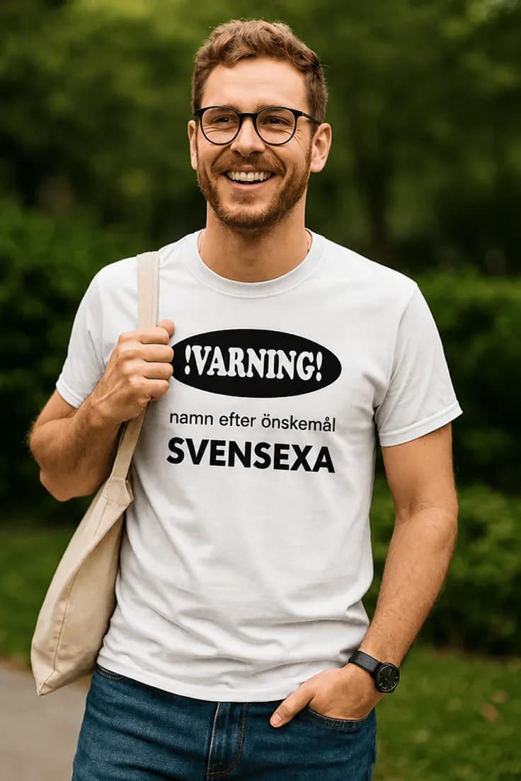 Rolig t-shirt Varning svensexa med namn